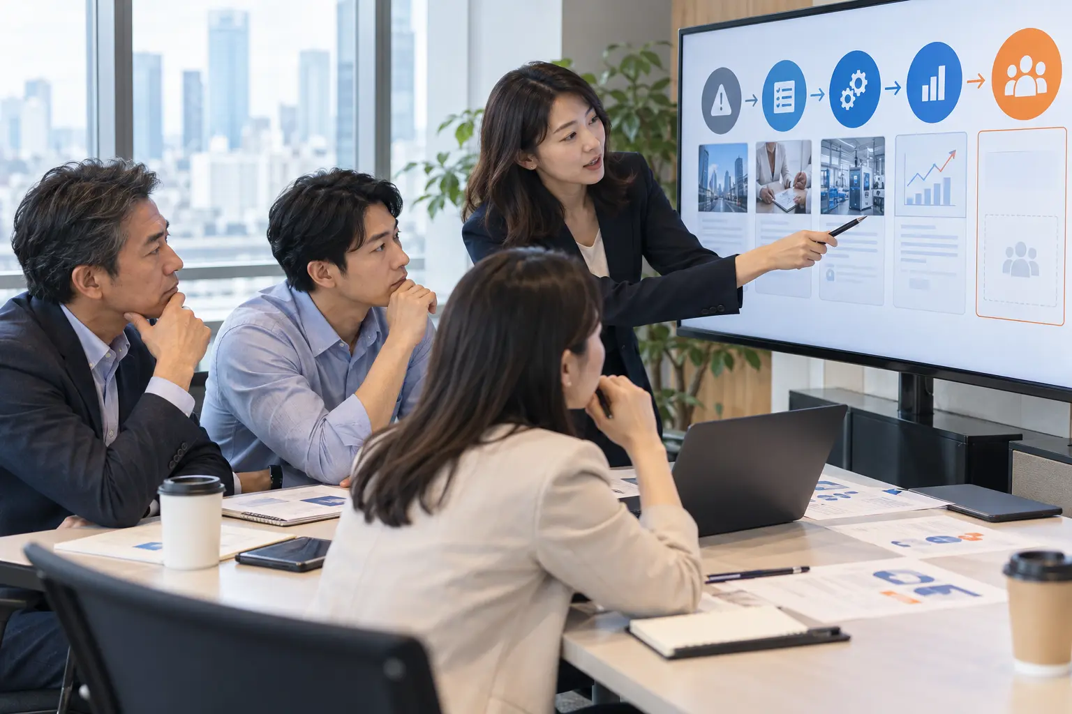 B2B 기업의 영업·마케팅 담당자들이 수행사례 화면과 비어 있는 문의 경로를 함께 점검하는 장면