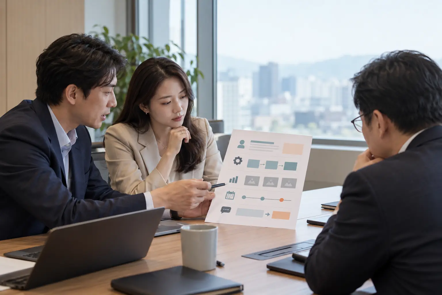 B2B 구매 담당자가 공급기업 실무자들과 제안서 첫 장의 고객 문제·적용 범위·근거·일정·다음 검토 조건을 확인하는 개념 이미지
