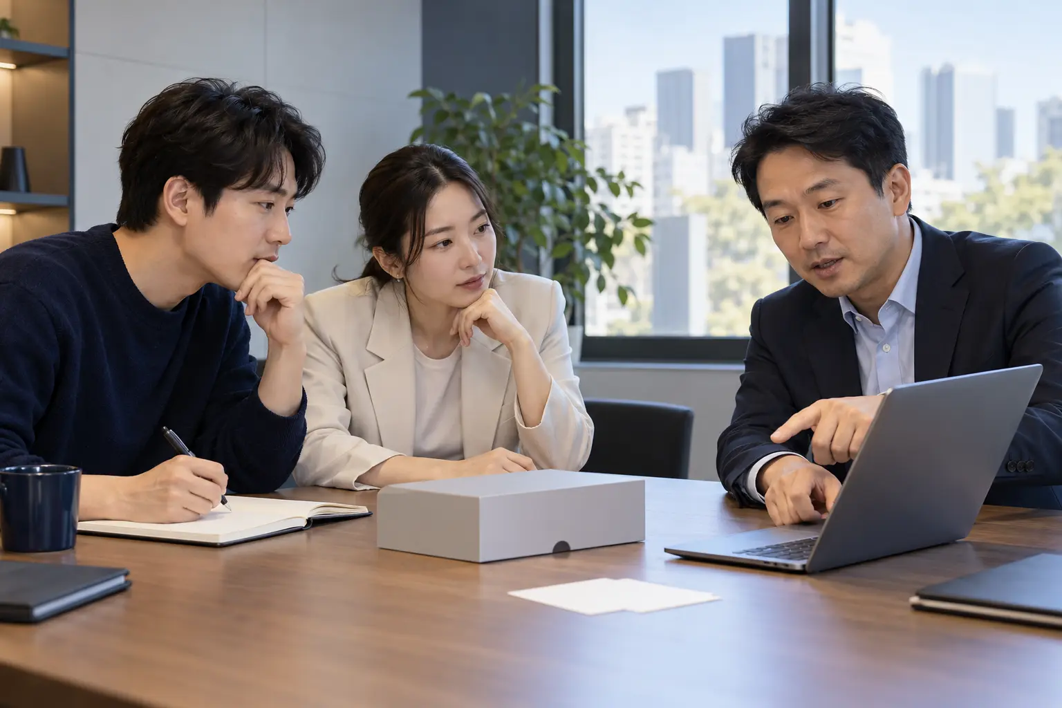 초기 스타트업 창업팀이 잠재고객과 시제품을 보며 구매 판단 조건을 듣고 기록하는 장면
