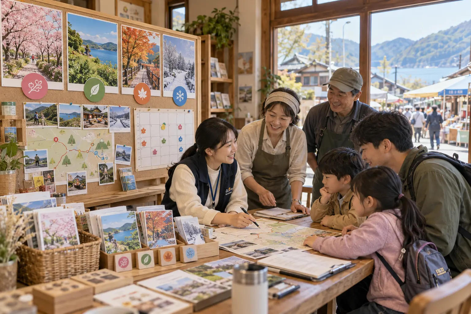 지자체 관광 담당자와 지역 운영자, 가족 방문객이 계절별 프로그램과 다음 방문 동선을 함께 살펴보는 개념 이미지