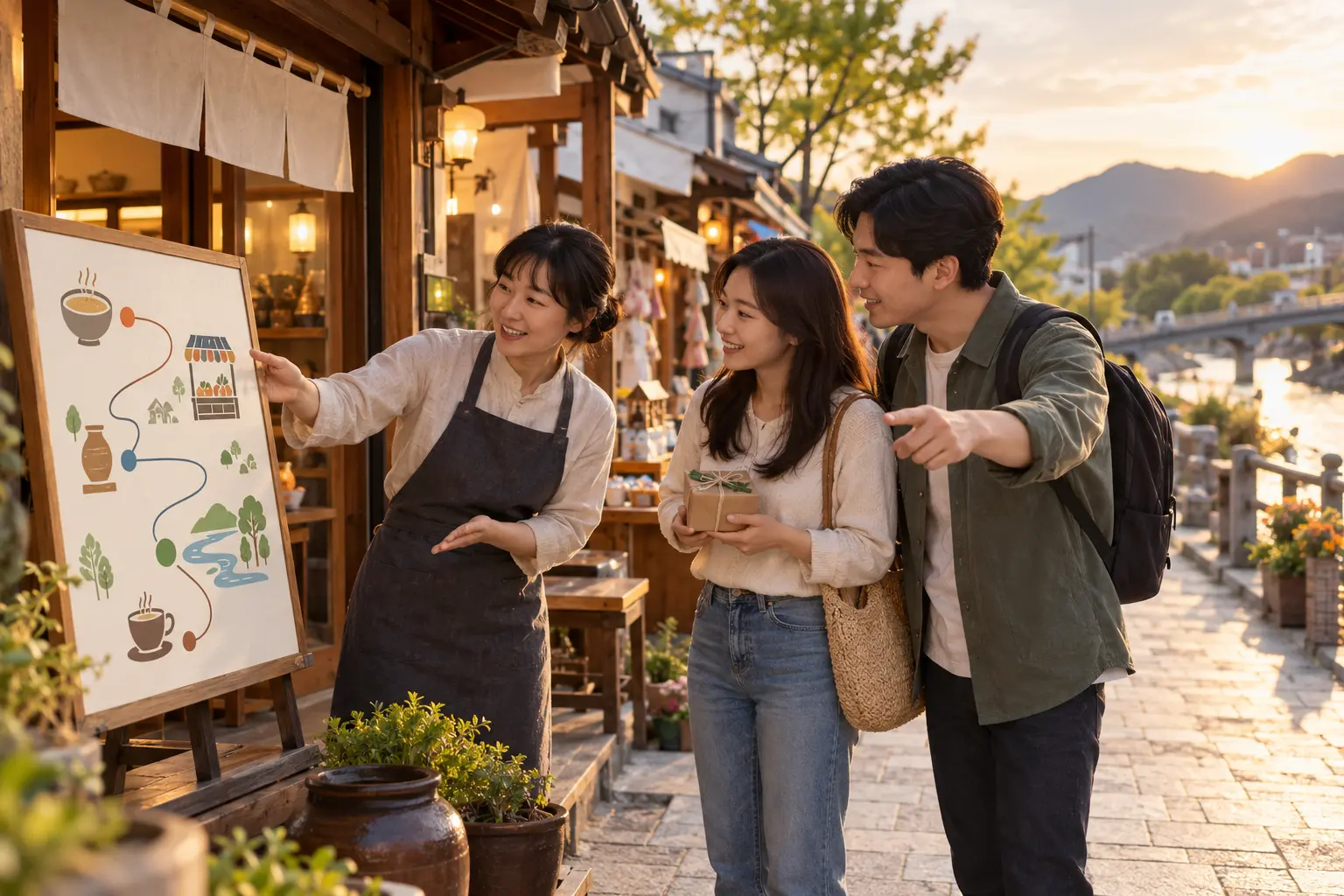 식사를 마친 로컬관광 방문객이 지역 안내자와 시장·공방·산책길·카페로 이어지는 다음 동선을 살펴보는 개념 이미지