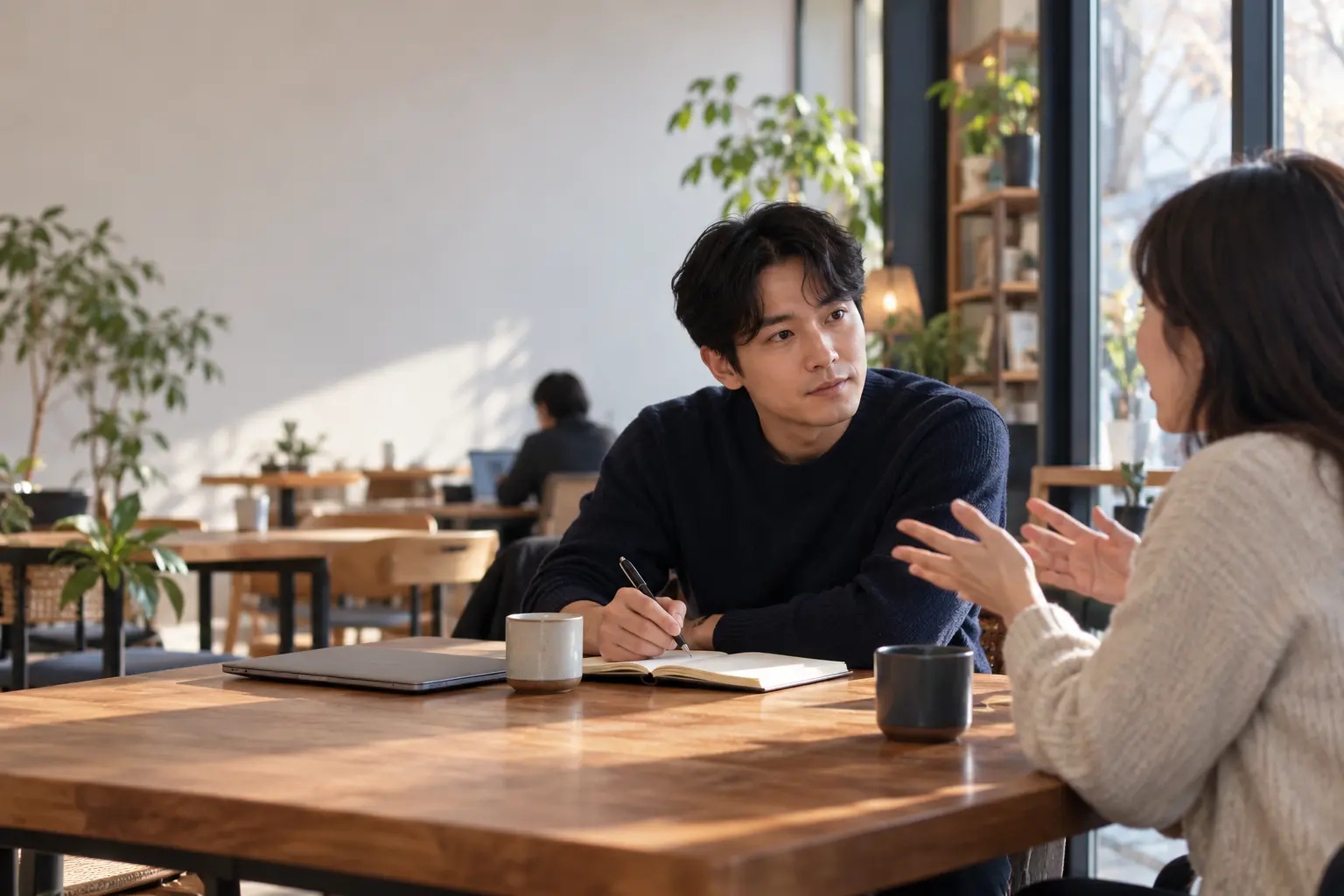 예비창업자가 카페에서 첫 잠재고객의 이야기를 듣고 노트에 기록하는 장면