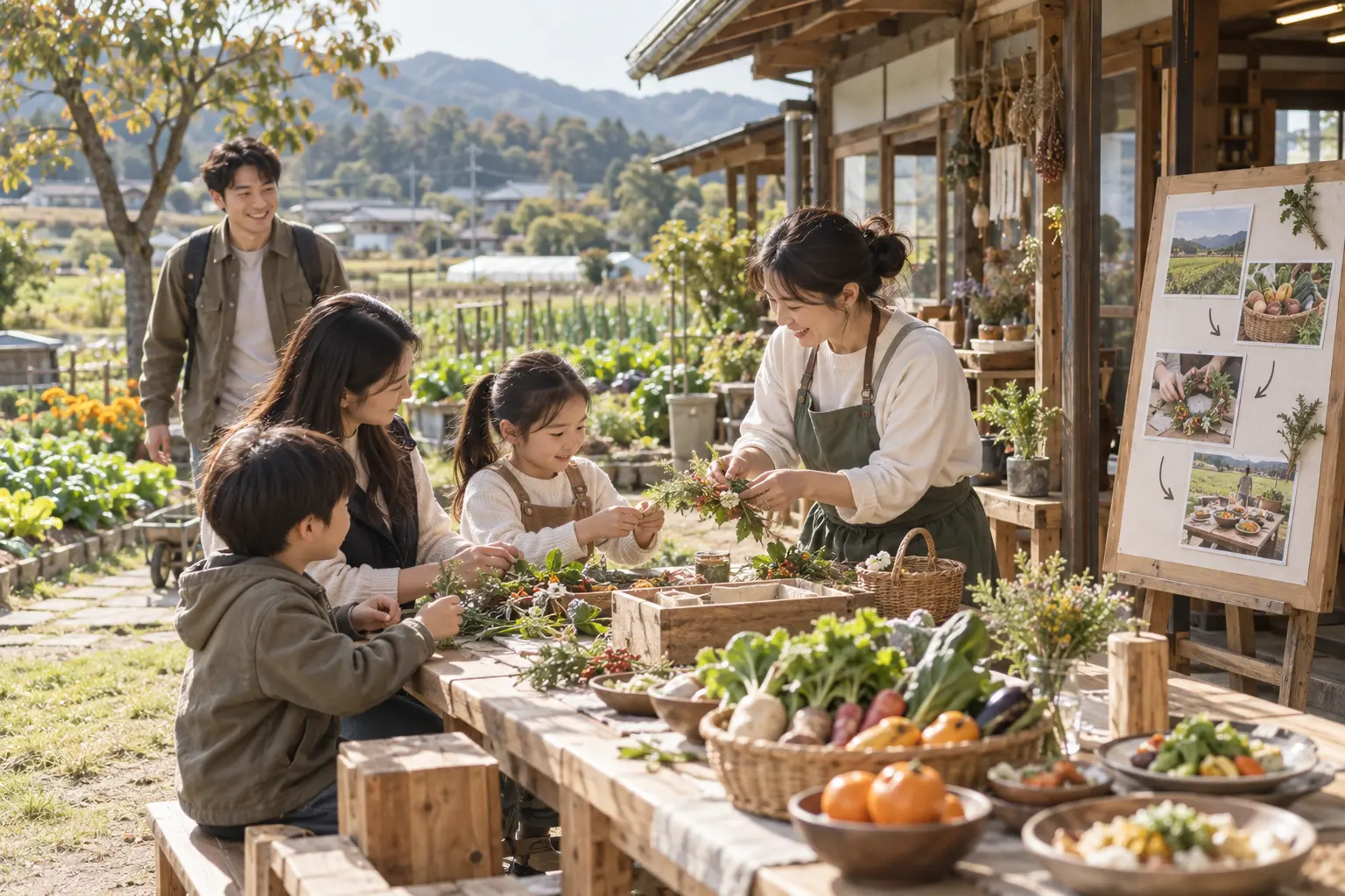 농촌 체험 운영자가 가족 방문객에게 수확 재료로 만들기 체험을 안내하고 다음 활동 순서를 보여 주는 개념 이미지