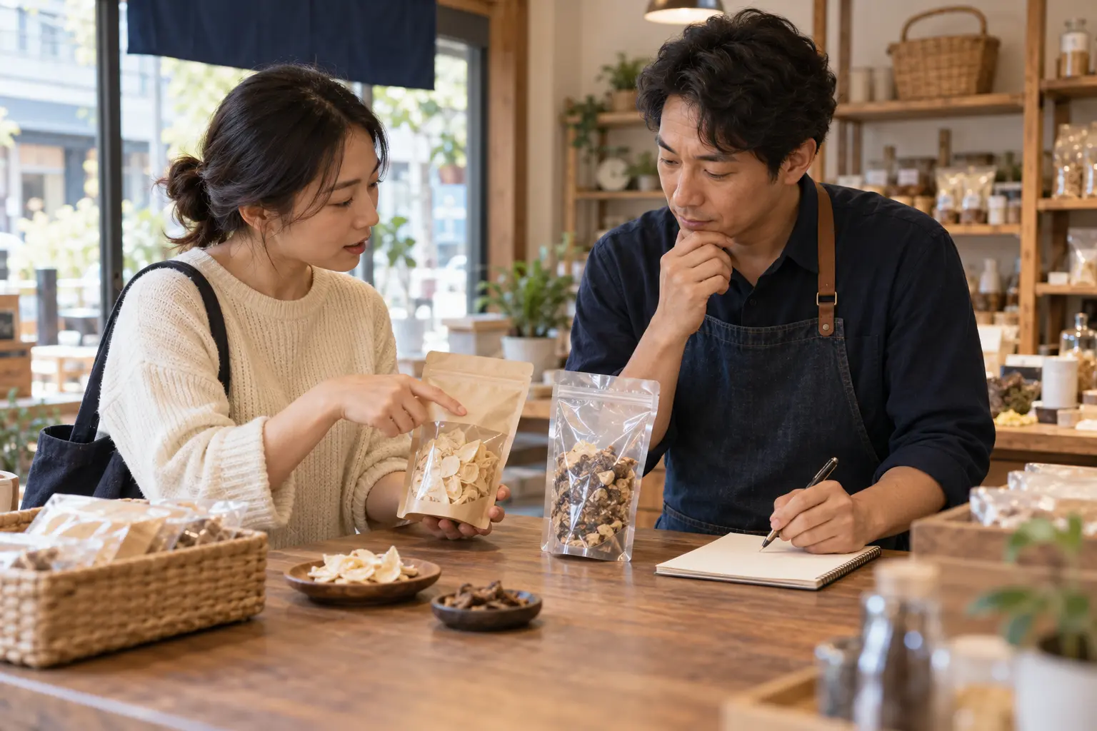 동네 매장에서 고객이 두 상품을 비교하며 설명하고 점주가 선택 기준을 듣고 기록하는 장면