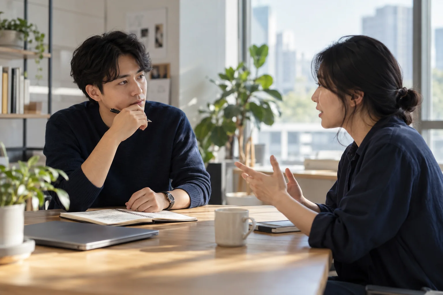 스타트업 창업자가 잠재고객의 말을 듣고 인터뷰 내용을 수첩에 기록하는 장면