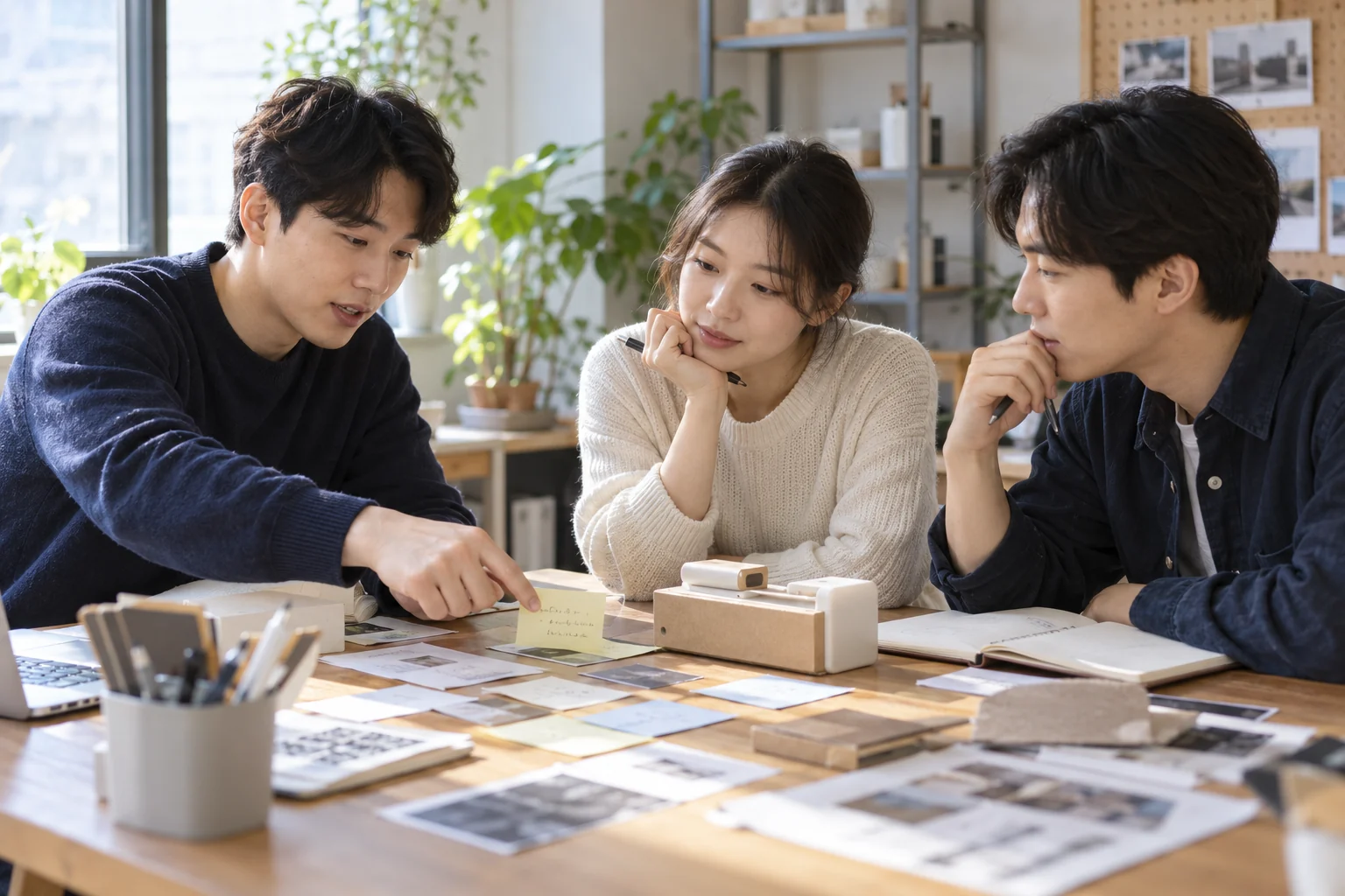 스타트업 창업팀이 시제품과 고객 확인 메모를 펼쳐 놓고 검증 내용을 함께 살펴보는 장면